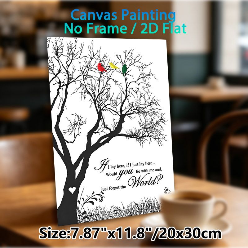 Tree With Birds & Romantic Poem Painting Poster, Minimalist Silhouette Bare Tree With Vibrant Birds And Lyrical Verse Poster, Delivers Tranquil Warm_maomaolike.com