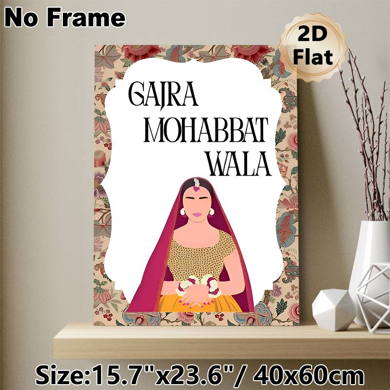 South Asian Bride Themed Painting Poster, Vibrant Bohemian Floral Bordered Stylized Bride Illustration Poster, Cultural Aesthetic Decor For Home_maomaolike.com