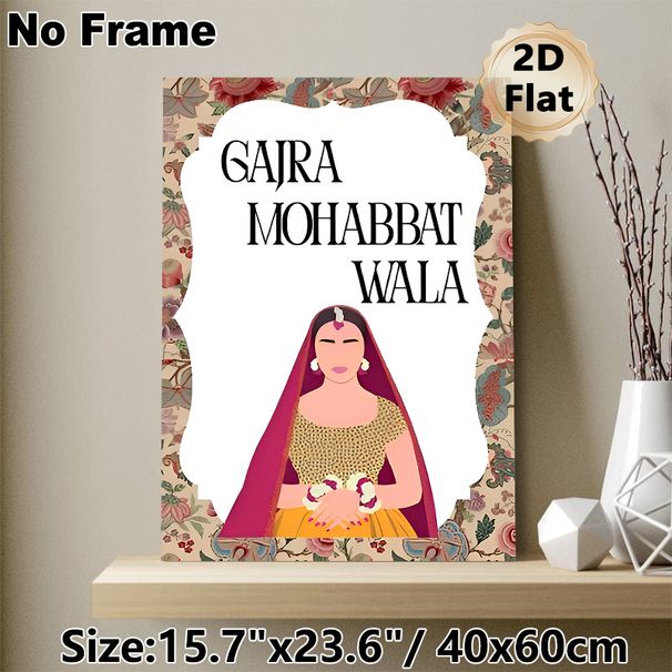 South Asian Bride Themed Painting Poster, Vibrant Bohemian Floral Bordered Stylized Bride Illustration Poster, Cultural Aesthetic Decor For Home_maomaolike.com