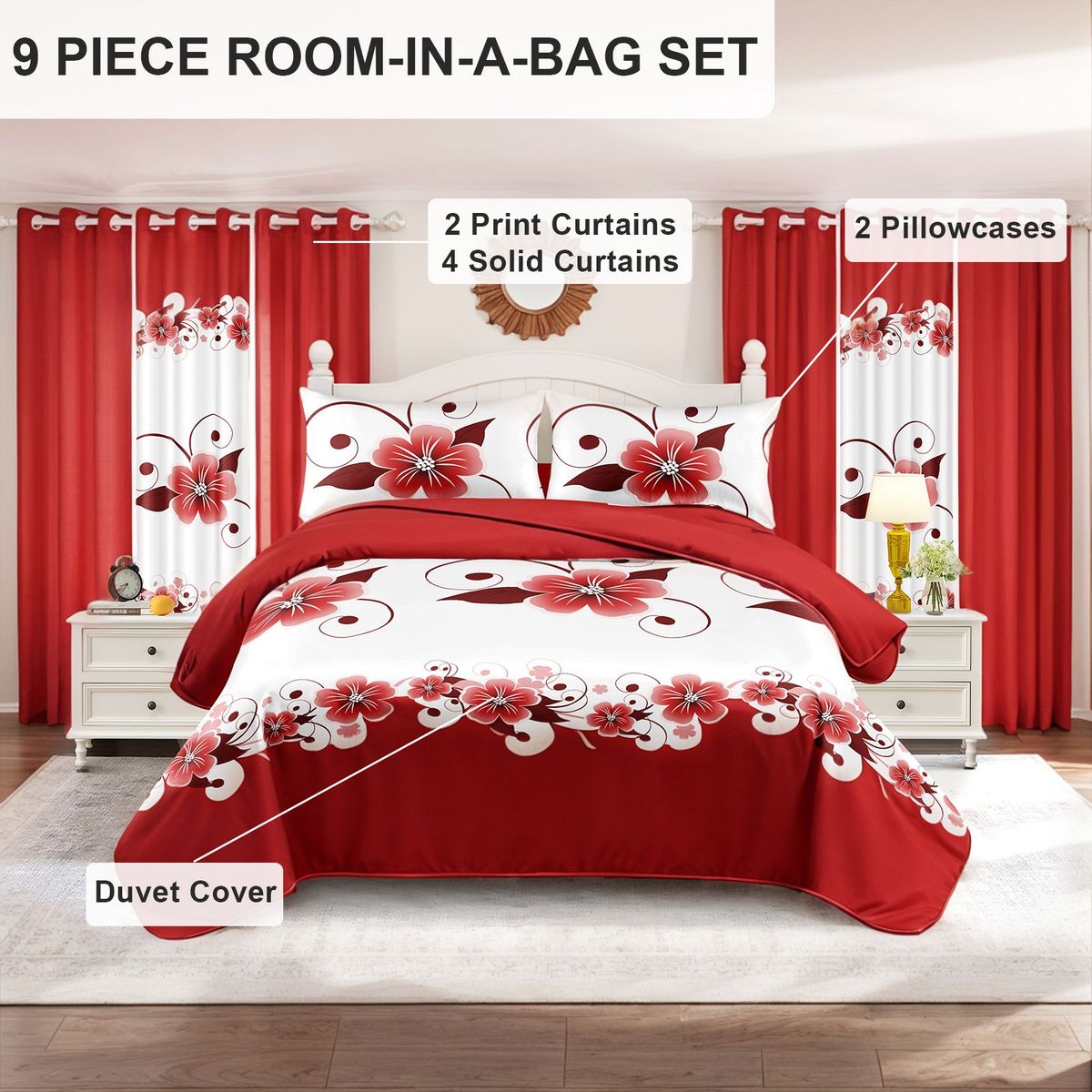 9 Piece Soft All-Season Washed Microfiber Cover Set , Queen/King Bedding Set With Zipper Closure, Sheet, Pillowcases,Shams & Curtains, Print, Moisture-Wicking, Soft ,Cooling, Breathable, Easy Care_maomaolike.com