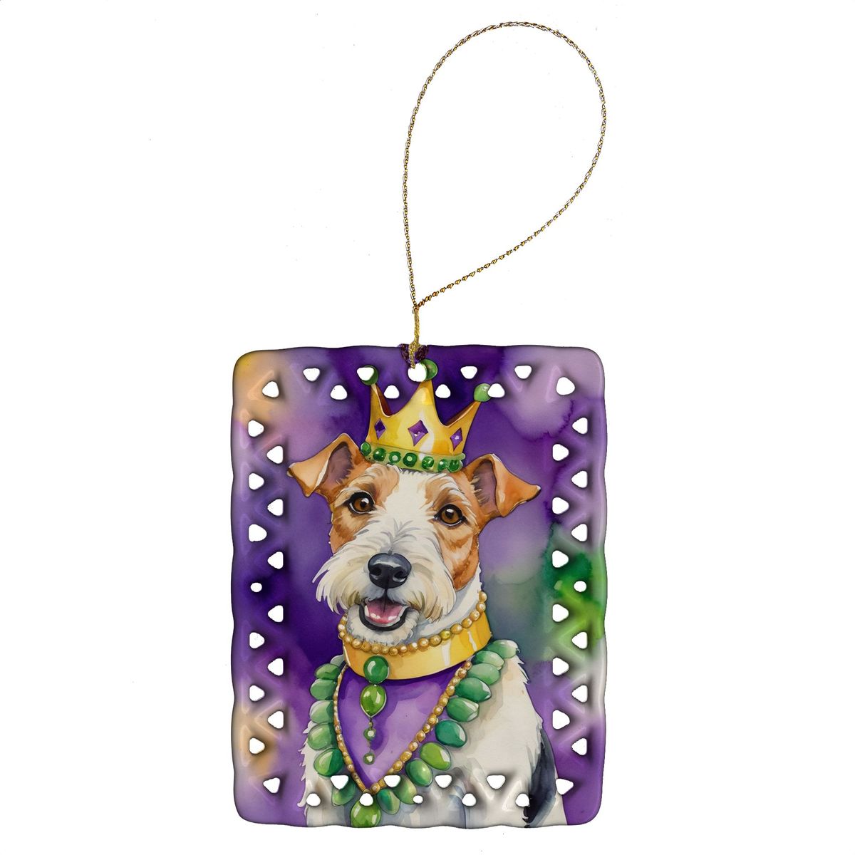 Fox Terrier King Of Mardi Gras Porcelain Ornament Christmas Tree Hanging Decorations For Home Christmas Holiday, Rectangle, Gift, Multicolor_maomaolike.com