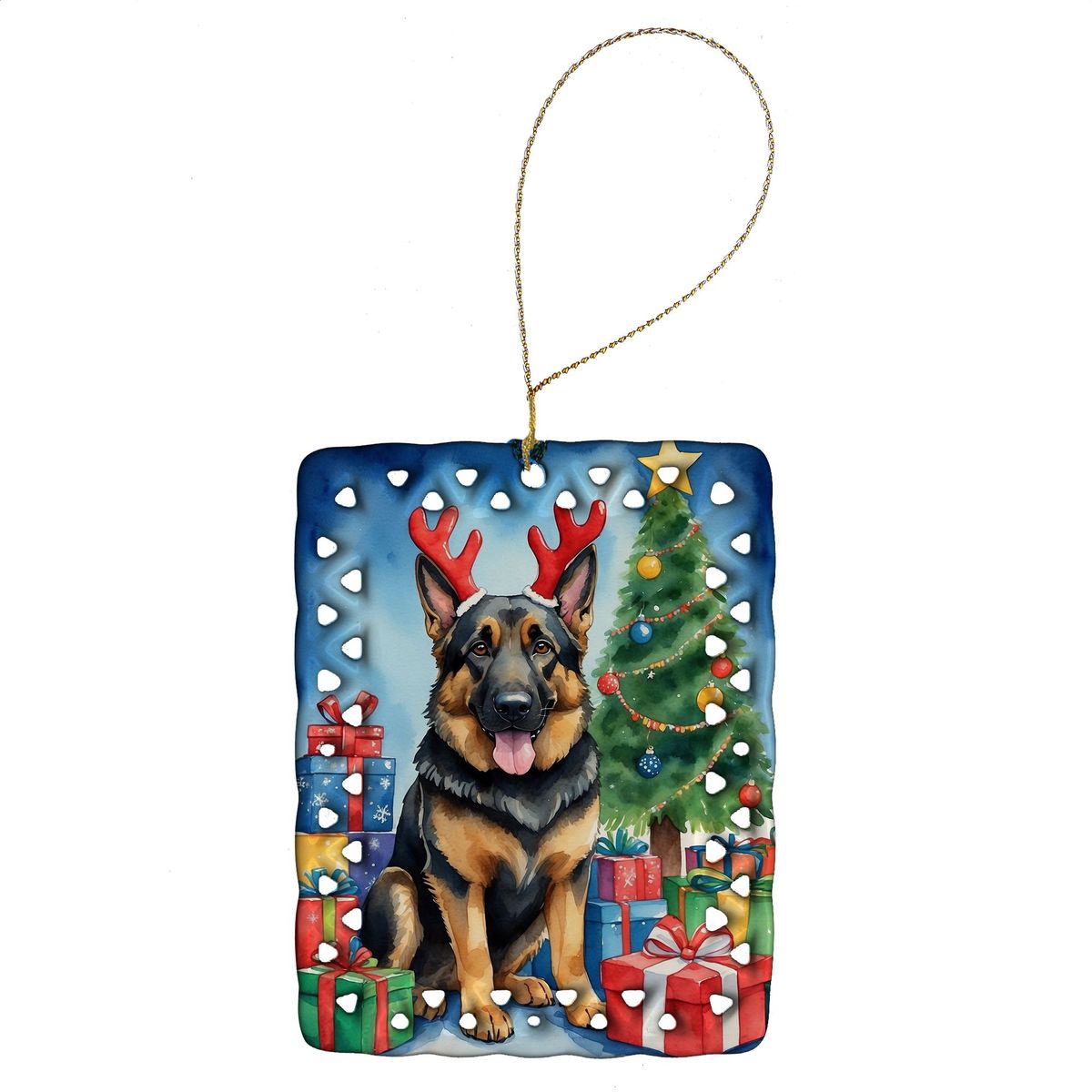 German Shepherd Christmas Reindeer Porcelain Ornament Christmas Tree Hanging Decorations For Home Christmas Holiday, Rectangle, Gift, Multicolor_maomaolike.com