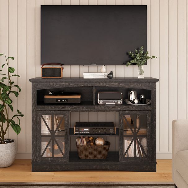 47'' Farmhouse TV Stand With Adjustable Shelves, Retro TV Console With Glass Doors & LED Lights, Media Entertainment Center Storage Cabinet For Living Room, Bedroom, Kitchen, Brown_maomaolike.com