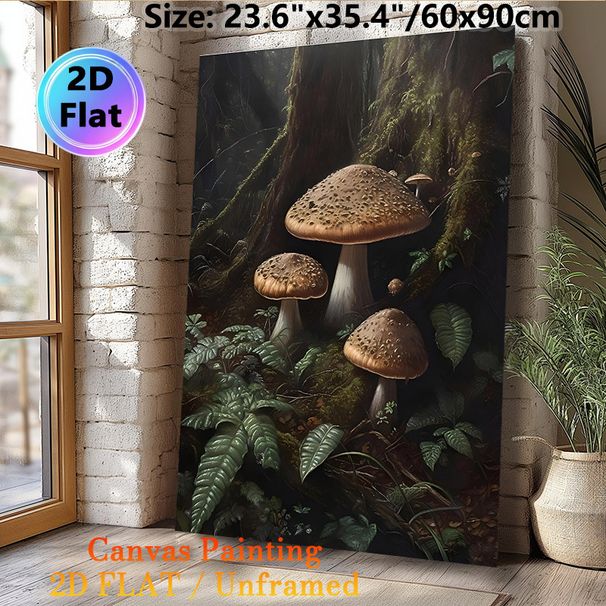 Forest Mushroom Painting Poster, Realistic Dark Forest Mushroom & Fern Scene Poster, Calming Natural Woodland Design, Ideal For Living Room, Bedroom_maomaolike.com