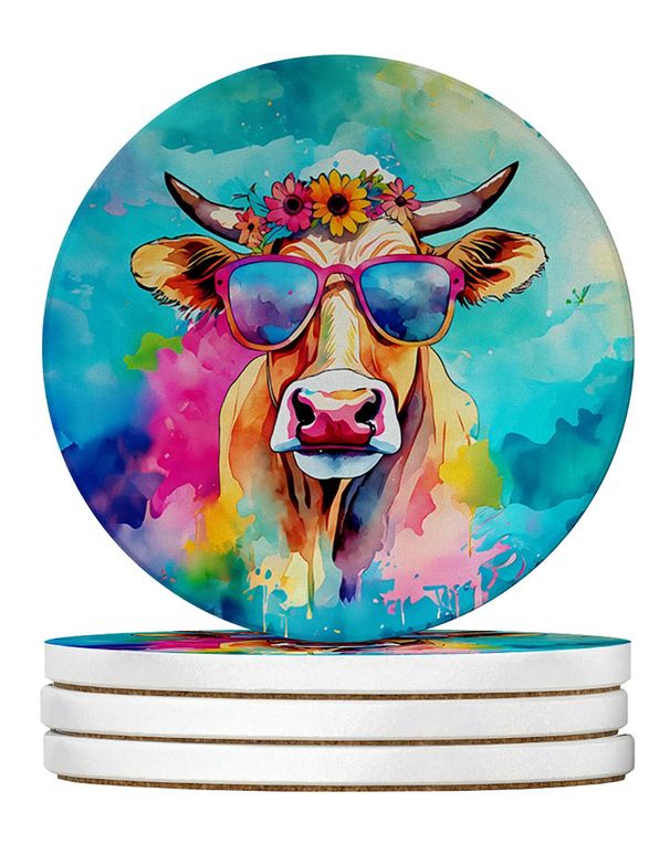 Hippie Animal Malvi Cow Large Sandstone Coasters Pack Of 4 Absorbent Round Coasters Decor Gifts For Men Or Women, 4 In, Multicolor_maomaolike.com