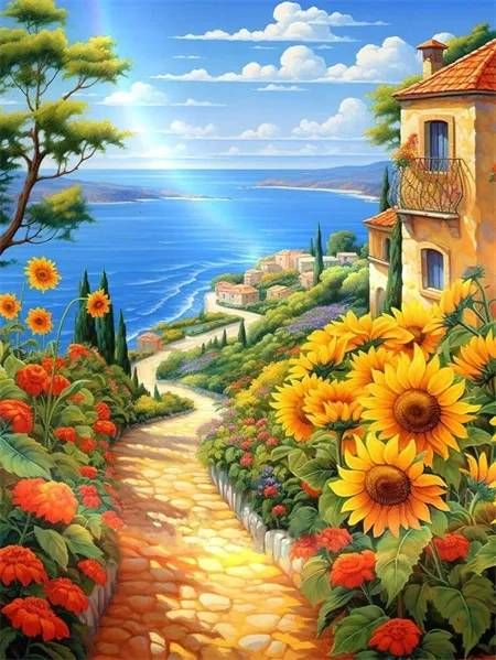 PhotoCustom Full Round Diamond Seaside Sunflower Path Scenery Diamond Embroidery Wall Decor Personalized Gift_maomaolike.com