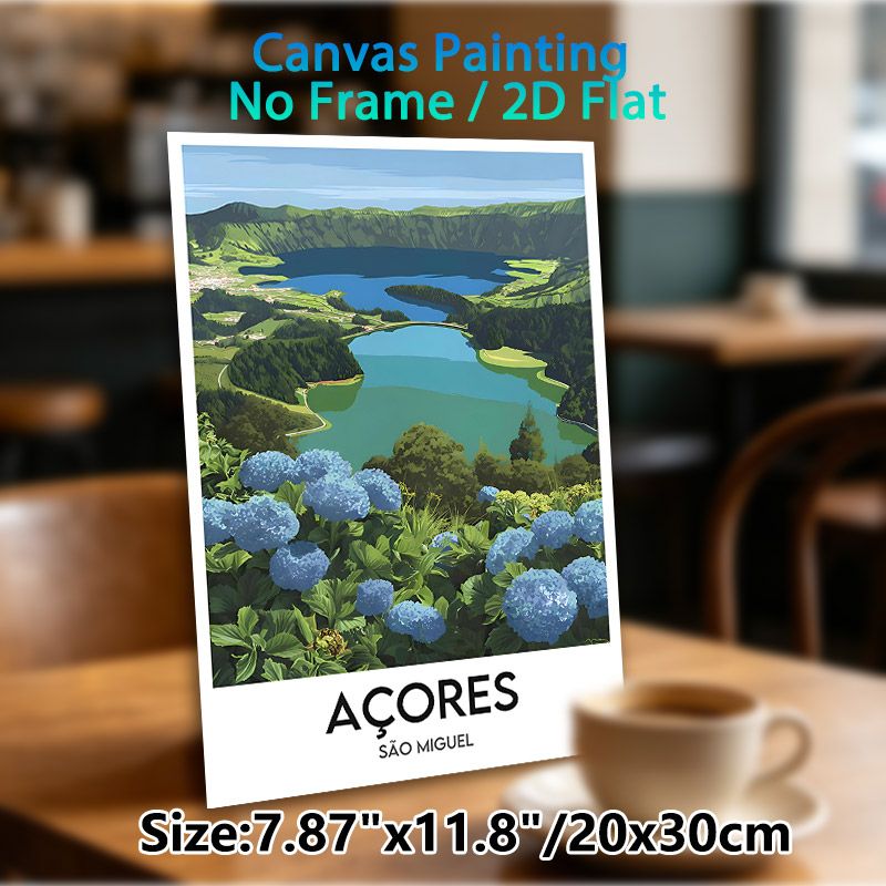 Azores São Miguel Lake & Hydrangea Painting Poster, Lush Scenic Landscape Poster, Serene Natural View Decor Ideal For Home, Living Room And Office_maomaolike.com