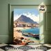 Cape Verde Coastal Village Painting Poster, Warm-toned Illustrative Seaside Scene Poster, Peaceful Coastal View With Fishing Boats And Mountain, Ideal_maomaolike.com