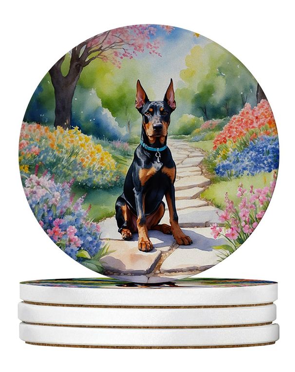 Doberman Pinscher Spring Path Large Sandstone Coasters Pack Of 4 Absorbent Round Coasters Decor Gifts For Men Or Women, 4 In, Multicolor_maomaolike.com