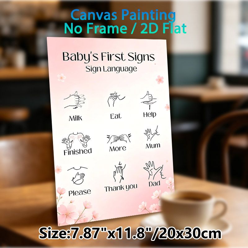 Baby First Signs Sign Language Painting Poster, Soft Pink Floral Minimalist Line Art Poster, Aids Learning Basic Baby Sign Language, Ideal For Bedroom_maomaolike.com