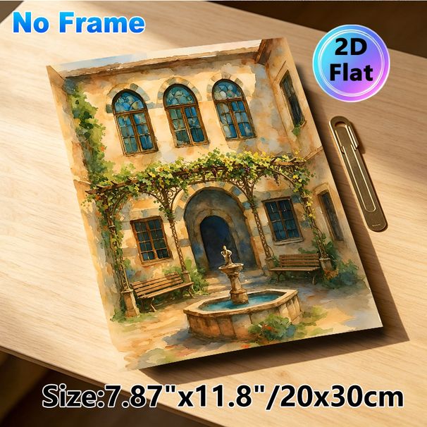 Mediterranean Courtyard Painting Poster, Soft Watercolor Style Charming Courtyard With Fountain & Vine Pergola Poster, Warm Tranquil Decor Ideal For_maomaolike.com