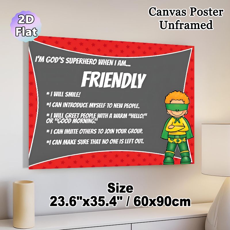 God's Superhero Friendly Themed Painting Poster, Vibrant Cartoon-style Poster, Features Superhero With Friendly Behavior Guidelines, Fosters Positive_maomaolike.com