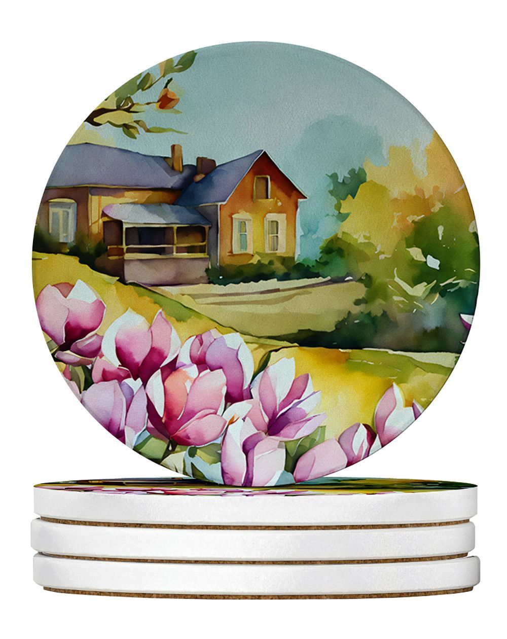 Louisiana Magnolias In Watercolor Large Sandstone Coasters Pack Of 4 Absorbent Round Coasters Decor Gifts For Men Or Women, 4 In, Multicolor_maomaolike.com