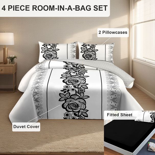 4 Piece Soft All-Season Washed Microfiber Cover Set , Queen/King/Calking Bedding Set With Zipper Closure, Sheet, Pillowcases,Print, Moisture-Wicking, Soft ,Cooling, Breathable, Easy Care_maomaolike.com