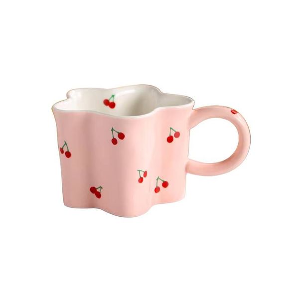 Ceramic Mugs Cartoon Cherry Print Irregular Flower Shapes Coffee Mug Children's Milk Cups Birthday Present for Girls_maomaolike.com