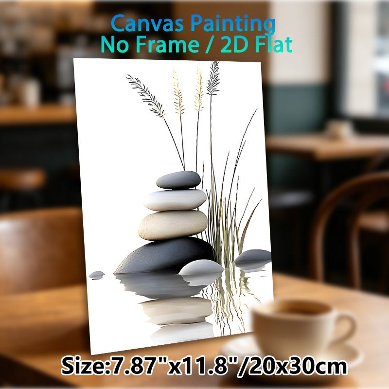 Zen Stones Painting Poster, Minimalist Serene Stacked Stones With Grass & Reflection Poster, Calming Decor Ideal For Bedroom, Meditation Space And_maomaolike.com