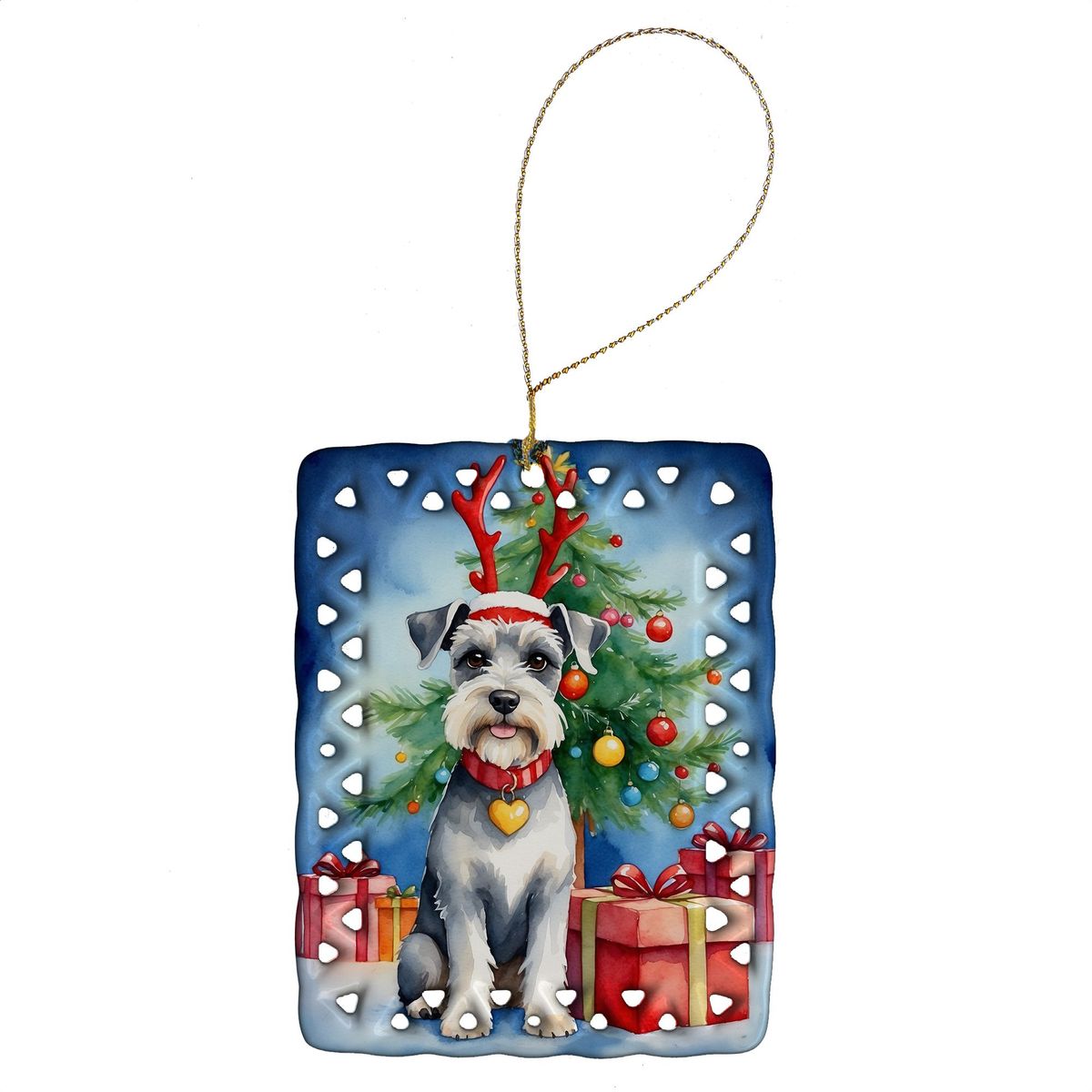 Schnauzer Christmas Reindeer Porcelain Ornament Christmas Tree Hanging Decorations For Home Christmas Holiday, Rectangle, Gift, Multicolor_maomaolike.com