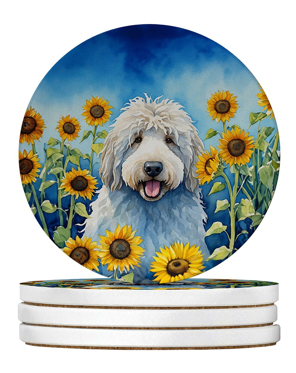 Komondor In Sunflowers Large Sandstone Coasters Pack Of 4 Absorbent Round Coasters Decor Gifts For Men Or Women, 4 In, Multicolor_maomaolike.com