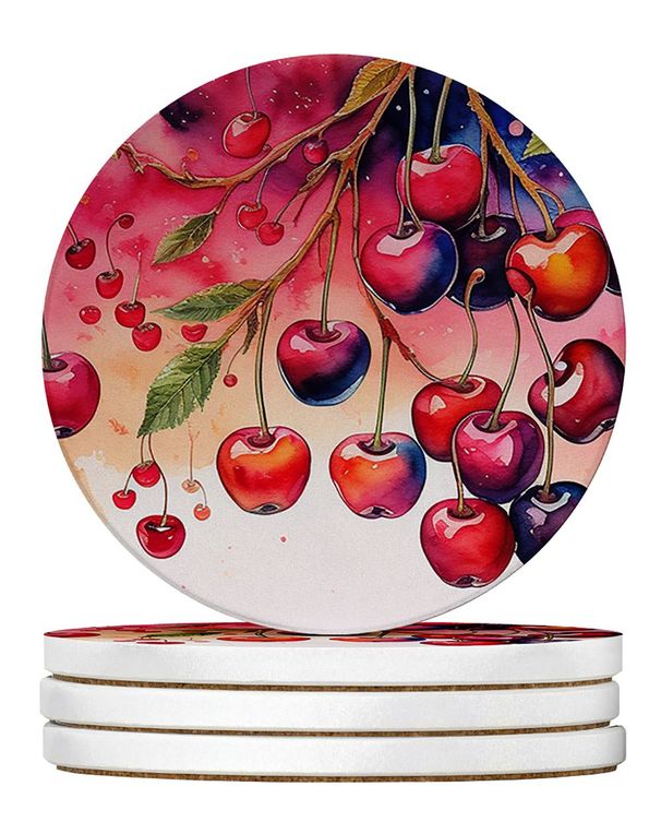 Colorful Cherries Large Sandstone Coasters Pack Of 4 Absorbent Round Coasters Decor Gifts For Men Or Women, 4 In, Multicolor_maomaolike.com