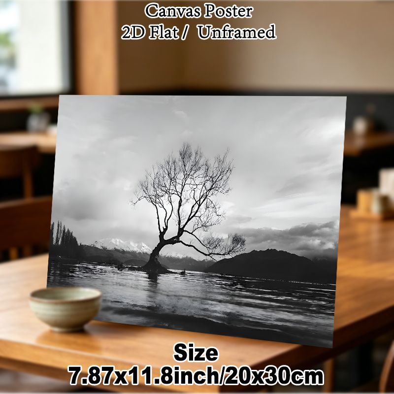 Lonely Lake Tree Painting Poster, Monochrome Minimalist Landscape Poster, Serene Bare Tree In Lake With Snow-capped Mountains Backdrop, Calming Wall_maomaolike.com