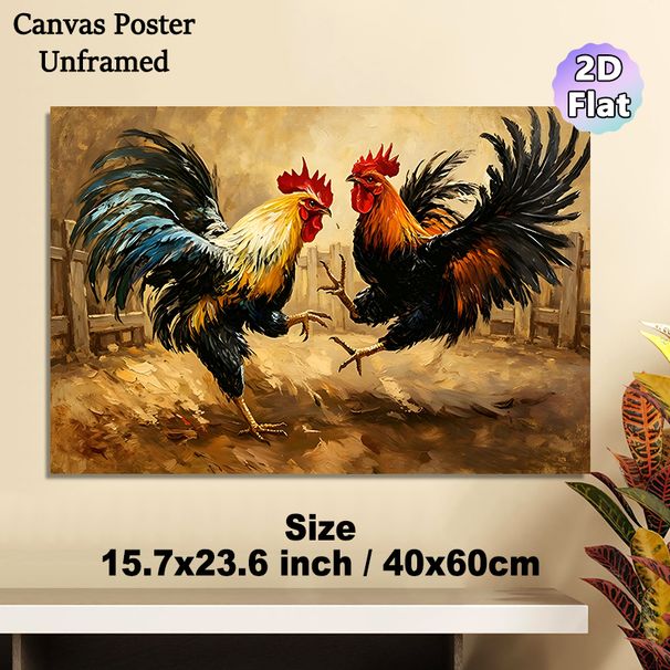 Rooster Fight Themed Painting Poster, Vibrant Impressionist Style Dynamic Dueling Roosters Scene Poster, Rich Textured Art Ideal For Farmhouse_maomaolike.com
