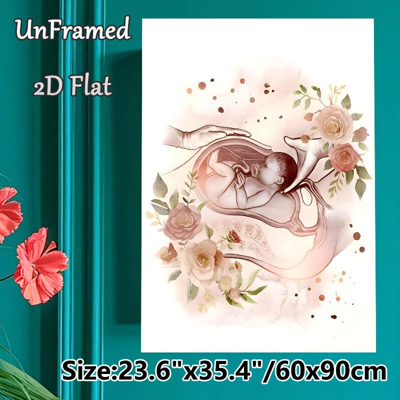 Prenatal Nurturing Themed Painting Poster, Soft Watercolor Style Poster, Heartwarming Fetal-in-womb Scene With Caring Hands & Floral Accents, Gentle_maomaolike.com