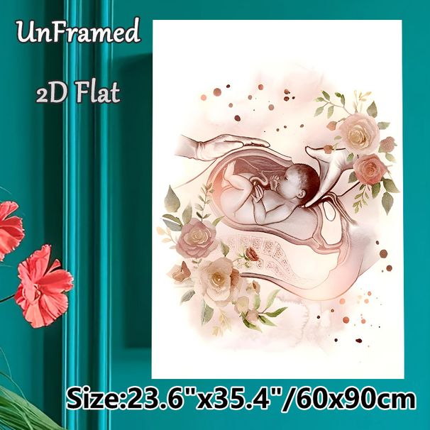 Prenatal Nurturing Themed Painting Poster, Soft Watercolor Style Poster, Heartwarming Fetal-in-womb Scene With Caring Hands & Floral Accents, Gentle_maomaolike.com
