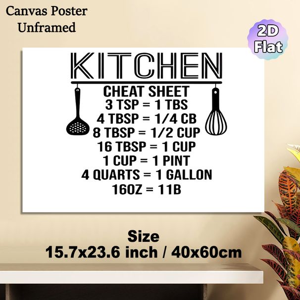 Kitchen Measurement Cheat Sheet Painting Poster, Minimalist Black & White Graphic Poster, Practical Cooking Measurement Reference For Home Kitchen_maomaolike.com