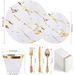 175-Piece Elegant Marble-Look Plastic Dinnerware Set With Gold Trim - Includes Black/White Plates, 10/12 Cutlery, 9oz_maomaolike.com