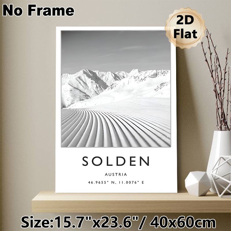 Solden Austria Ski Slope Painting Poster, Monochrome Minimalist Snowy Mountain Ski Trail Poster, Sleek Tranquil Landscape Decor Ideal For Living Room_maomaolike.com