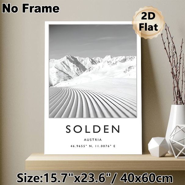 Solden Austria Ski Slope Painting Poster, Monochrome Minimalist Snowy Mountain Ski Trail Poster, Sleek Tranquil Landscape Decor Ideal For Living Room_maomaolike.com