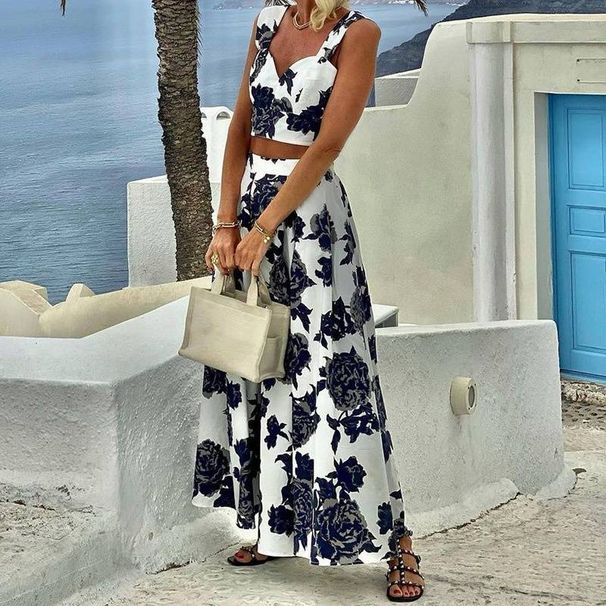 Women's Clothing Fashion Temperament Printed Midi-length Half-length Top and Skirt Two-piece Set_maomaolike.com