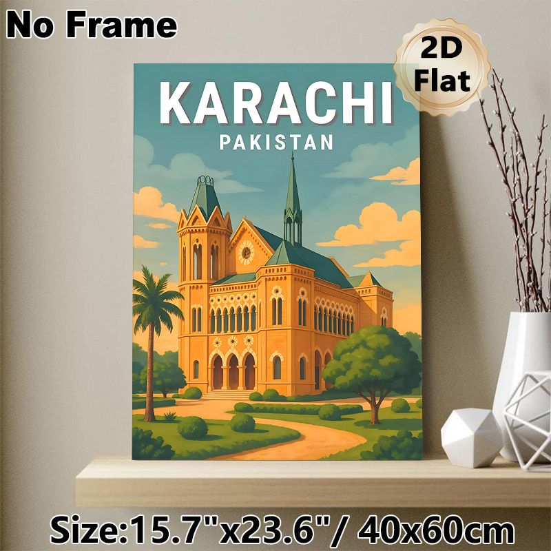 Karachi Pakistan Landmark Painting Poster, Warm-toned Retro Architectural Scene Poster, Showcases Iconic Historic Building With Lush Greenery, Ideal_maomaolike.com