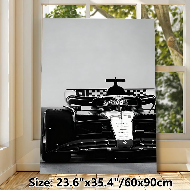 Formula 1 Racing Car Painting Poster, Sleek Monochrome Front-View Race Car Poster, Stylish Checkered Detail Design, Ideal For Man Cave, Garage And_maomaolike.com