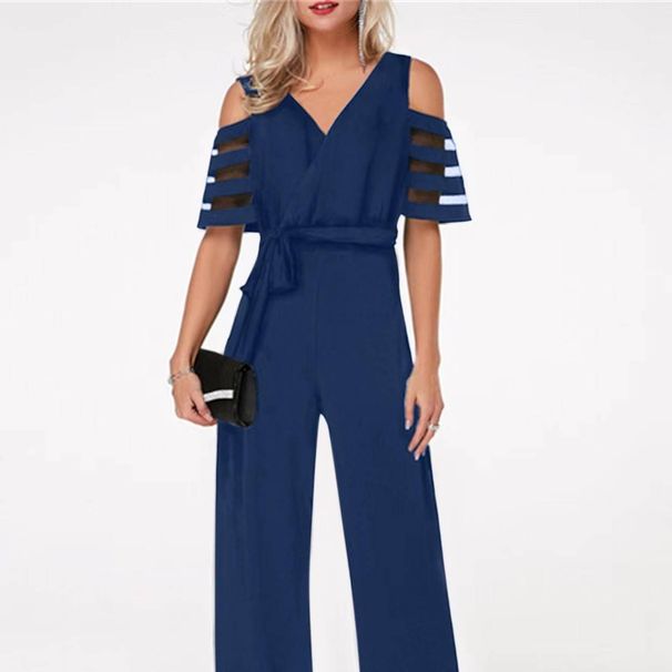 Women's Clothing V-neck strapless solid color high waist party jumpsuit trousers belt women's wide-leg pants_maomaolike.com