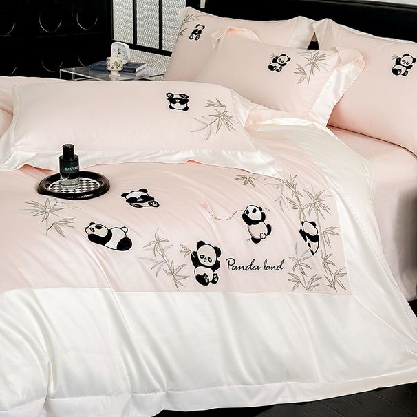 Wholesale Chinese Style Cartoon Embroidery Cute Panda Pure Four-Piece Naked Sleep 100% Long-Staple Cotton 4-Piece Set_maomaolike.com