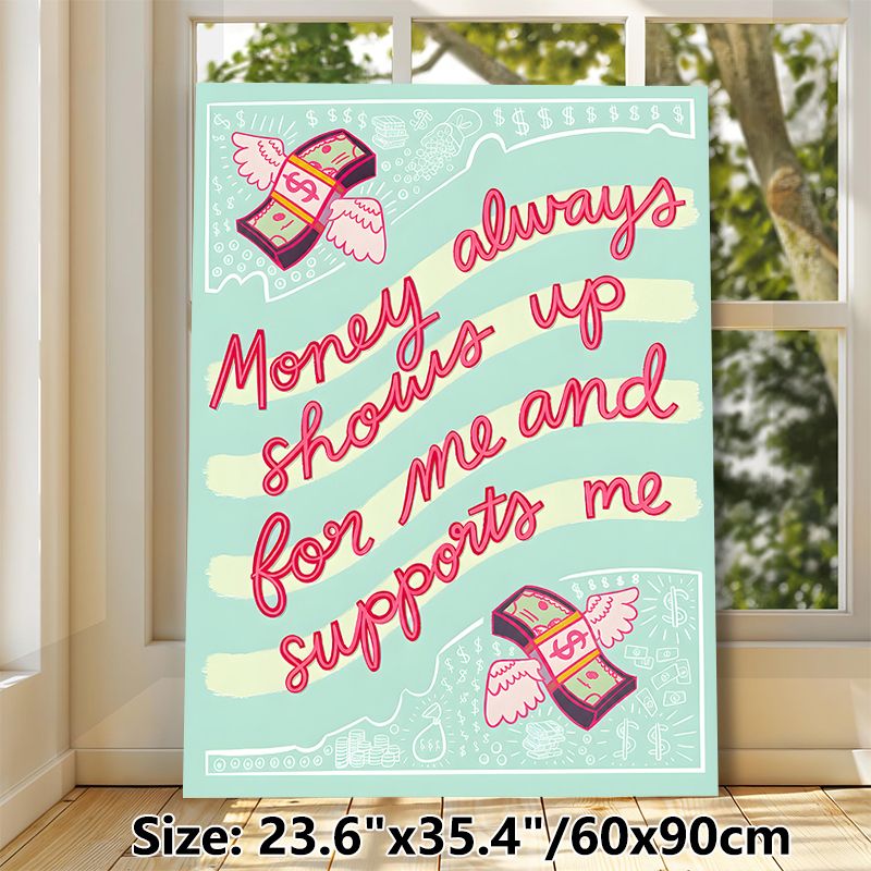 Money Affirmation Painting Poster, Vibrant Playful Graphic Poster, Inspirational Money-themed Quote With Winged Cash Illustrations, Ideal For Home_maomaolike.com