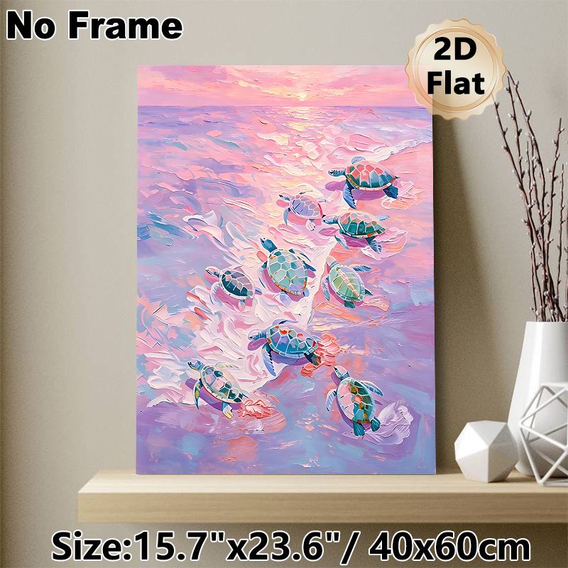 Sea Turtle Themed Painting Poster, Pastel Impasto Style Sunset Ocean Poster, Vibrant Textured Marine Art, Ideal For Bedroom, Living Room_maomaolike.com