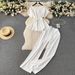 Women's Clothing retro fashion round neck short sleeved tie waist top two piece suit women's casual loose high waist wide leg trousers_maomaolike.com