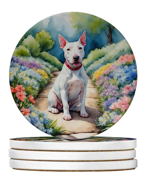 Bull Terrier Spring Path Large Sandstone Coasters Pack Of 4 Absorbent Round Coasters Decor Gifts For Men Or Women, 4 In, Multicolor_maomaolike.com