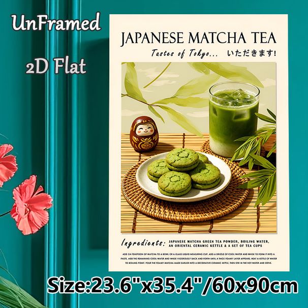 Japanese Matcha Tea Painting Poster, Warm-toned Vintage-style Poster, Cozy Oriental Tea-time Scene With Matcha Drink & Cookies, Ideal For Kitchen_maomaolike.com