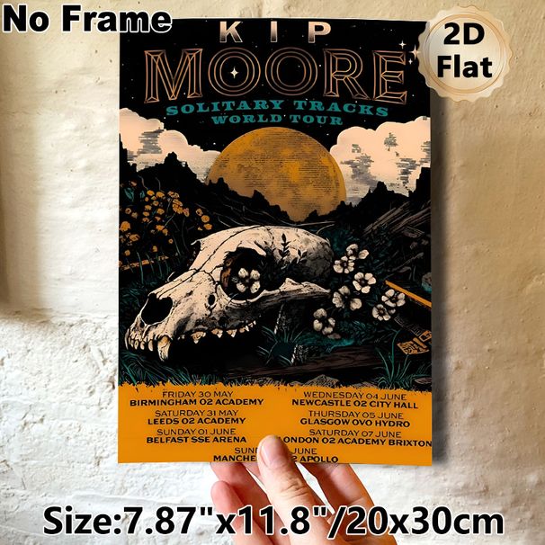 Kip Moore Solitary Tracks World Tour Painting Poster, Vintage-style Dark Landscape With Animal Skull & Floral Details Poster, Nostalgic Concert-themed_maomaolike.com