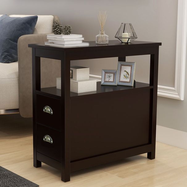 End Table Narrow Nightstand With Two Drawers And Open Shelf_maomaolike.com