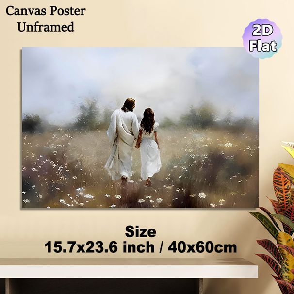 Jesus Companion Religious Painting Poster, Soft Misty Serene Meadow Walking Scene Poster, Peaceful Spiritual Decor Ideal For Home, Prayer Room_maomaolike.com