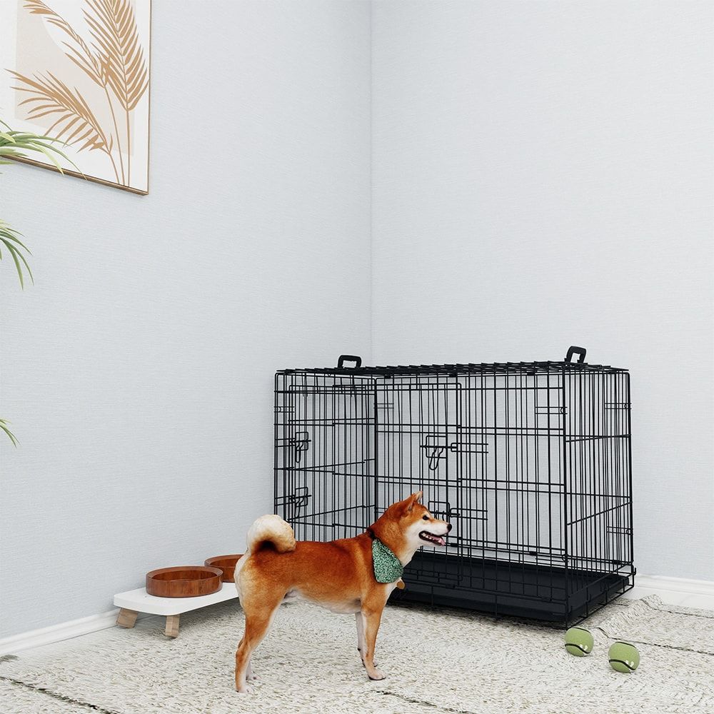 36 Inches Black Wire Dog Cage Double Lock Mechanism Two Doors Two Handles Double Bolt_maomaolike.com