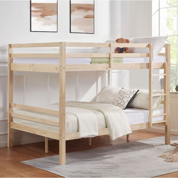 Full Over Full Bunk Bed With Thick Posts,Wooden Bunk Bed With High Guardrail And Ladder For Kids, Teens, Dorm Rooms, And Guest Rooms,No Box Spring Needed, Natural_maomaolike.com