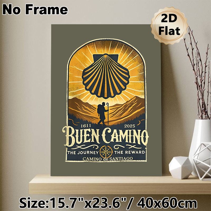 Camino De Santiago Themed Painting Poster, Vintage Retro Hiker & Scallop Mountain Scene Poster, Inspirational Journey-focused Decor Ideal For Home_maomaolike.com