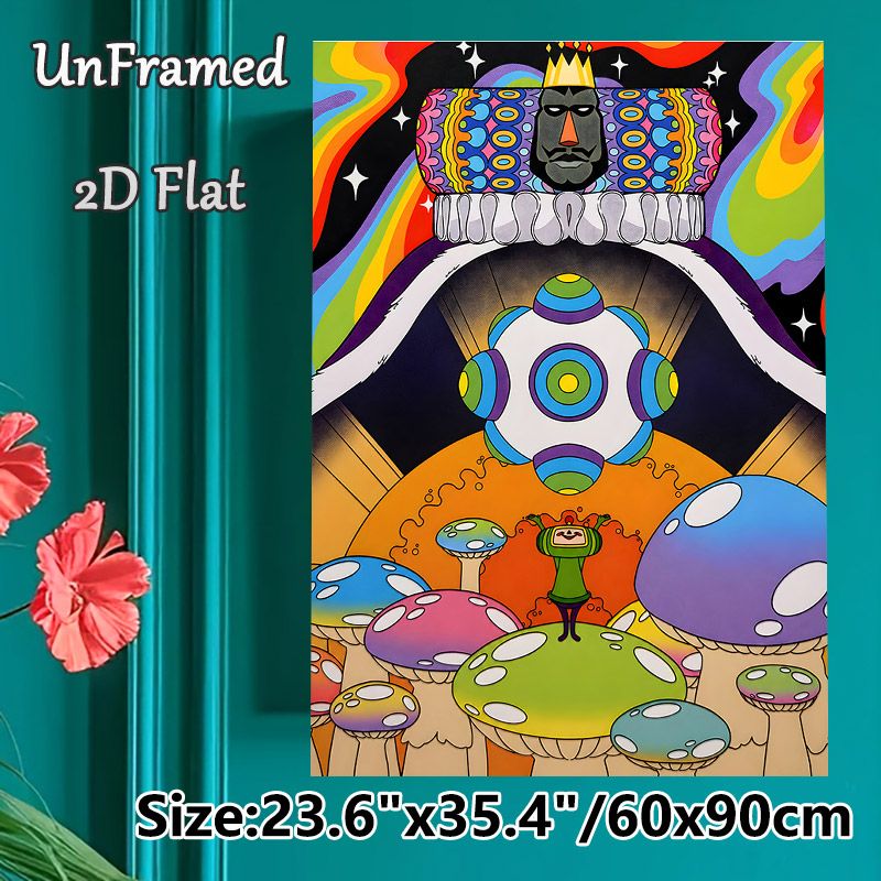 Psychedelic Mushroom Kingdom Painting Poster, Vibrant Trippy Cartoon Style Poster, Bold Colorful Artistic Decor With Whimsical Figures & Mushrooms_maomaolike.com