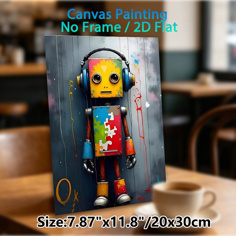 Robot With Headphones Painting Poster, Vibrant Graffiti-style Poster, Colorful Worn Robot With Puzzle-pattern Torso, Unique Artistic Wall Decor For_maomaolike.com