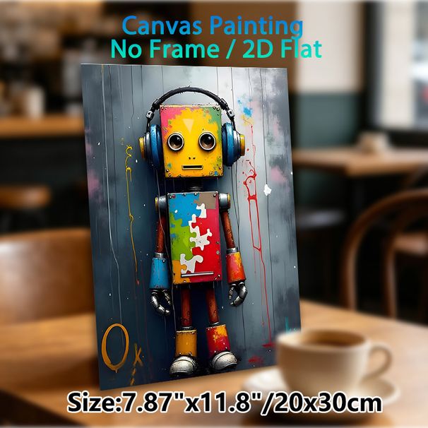 Robot With Headphones Painting Poster, Vibrant Graffiti-style Poster, Colorful Worn Robot With Puzzle-pattern Torso, Unique Artistic Wall Decor For_maomaolike.com